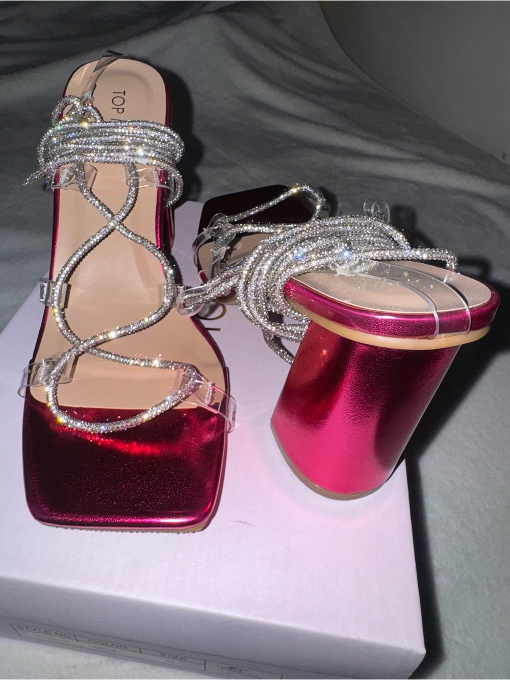 Fuchsia Metallic Block Heel Sandals with Crystal Straps